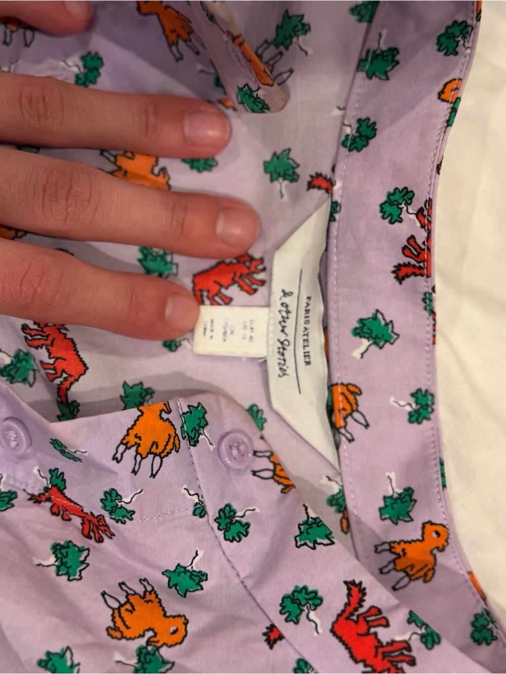 Paris Atelier Other Stories Lavender Shirt with Red & Orange lamb Print - Picture 3 of 3